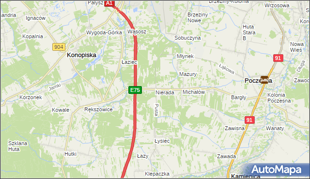 mapa Nierada gmina Poczesna, Nierada gmina Poczesna na mapie Targeo