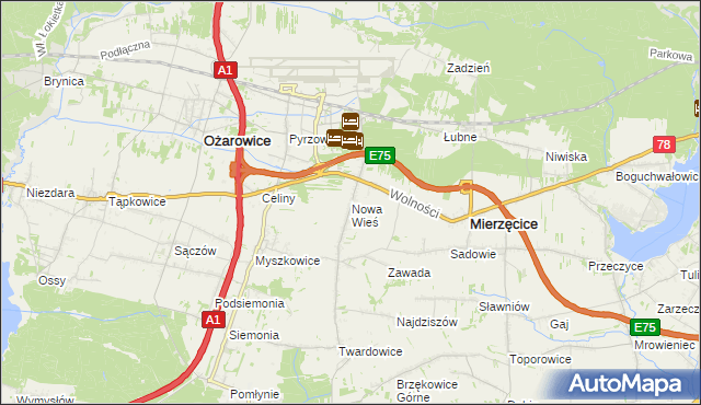 mapa Nowa Wieś gmina Mierzęcice, Nowa Wieś gmina Mierzęcice na mapie Targeo