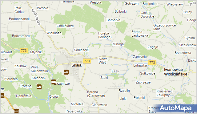 mapa Nowa Wieś gmina Skała, Nowa Wieś gmina Skała na mapie Targeo