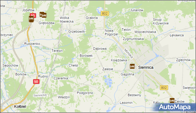 mapa Nowe Zalesie gmina Siennica, Nowe Zalesie gmina Siennica na mapie Targeo