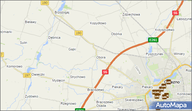 mapa Obora gmina Gniezno, Obora gmina Gniezno na mapie Targeo