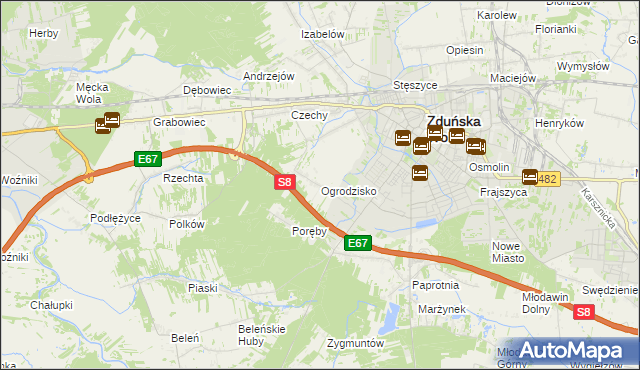 mapa Ogrodzisko gmina Zduńska Wola, Ogrodzisko gmina Zduńska Wola na mapie Targeo