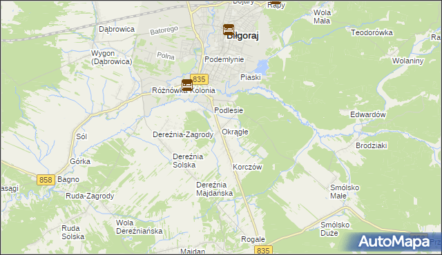 mapa Okrągłe gmina Biłgoraj, Okrągłe gmina Biłgoraj na mapie Targeo