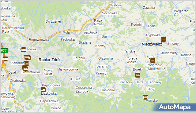 mapa Olszówka gmina Mszana Dolna, Olszówka gmina Mszana Dolna na mapie Targeo