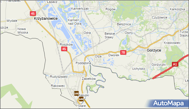 mapa Olza gmina Gorzyce, Olza gmina Gorzyce na mapie Targeo