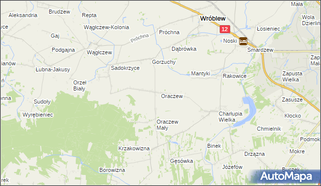 mapa Oraczew gmina Wróblew, Oraczew gmina Wróblew na mapie Targeo