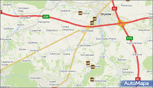 mapa Orzechówek gmina Stryków, Orzechówek gmina Stryków na mapie Targeo