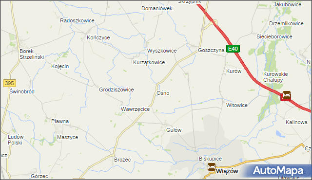 mapa Ośno gmina Wiązów, Ośno gmina Wiązów na mapie Targeo