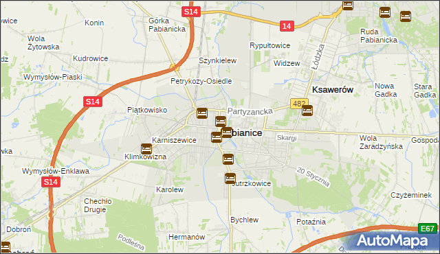 mapa Pabianic, Pabianice na mapie Targeo