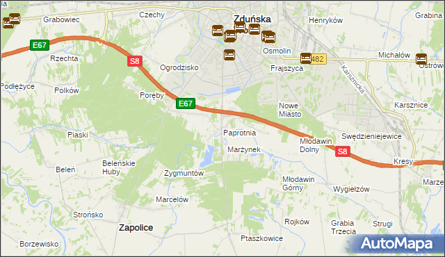 mapa Paprotnia gmina Zapolice, Paprotnia gmina Zapolice na mapie Targeo