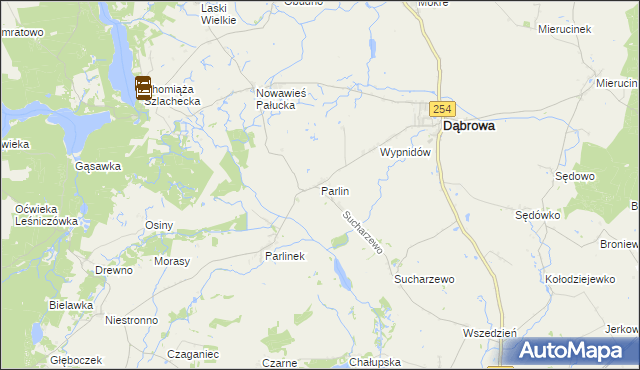 mapa Parlin gmina Dąbrowa, Parlin gmina Dąbrowa na mapie Targeo