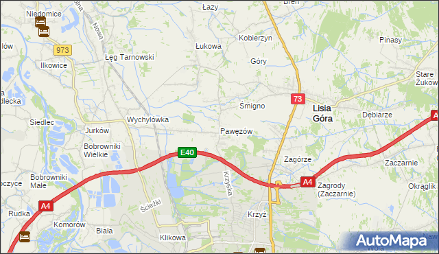 mapa Pawęzów gmina Lisia Góra, Pawęzów gmina Lisia Góra na mapie Targeo