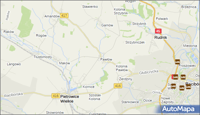 mapa Pawłów gmina Pietrowice Wielkie, Pawłów gmina Pietrowice Wielkie na mapie Targeo