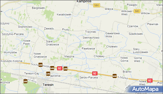 mapa Pawłowice gmina Teresin, Pawłowice gmina Teresin na mapie Targeo