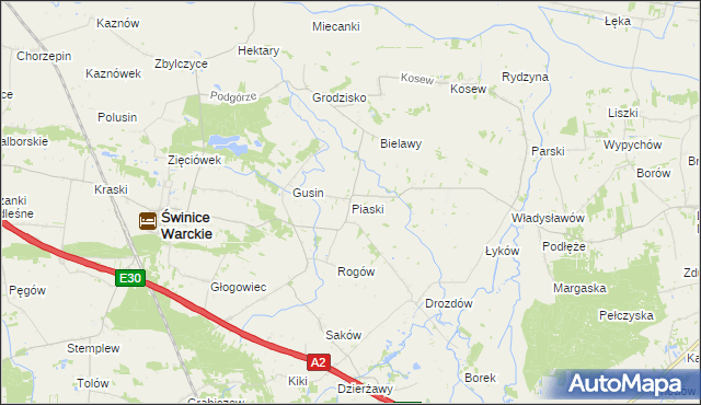 mapa Piaski gmina Świnice Warckie, Piaski gmina Świnice Warckie na mapie Targeo