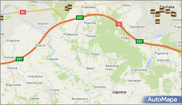 mapa Piaski gmina Zduńska Wola, Piaski gmina Zduńska Wola na mapie Targeo
