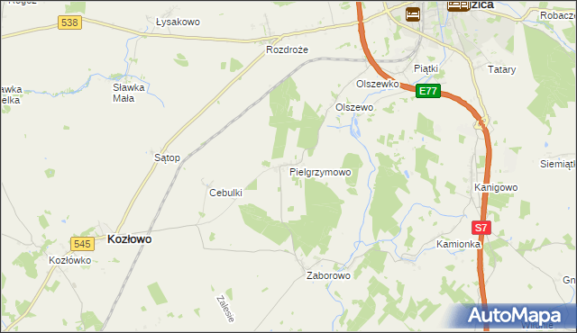 mapa Pielgrzymowo gmina Kozłowo, Pielgrzymowo gmina Kozłowo na mapie Targeo