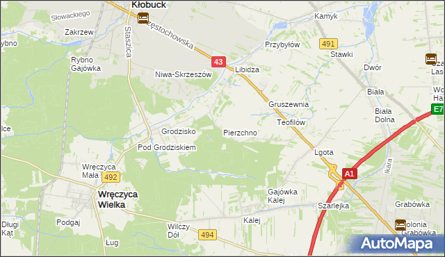 mapa Pierzchno gmina Wręczyca Wielka, Pierzchno gmina Wręczyca Wielka na mapie Targeo