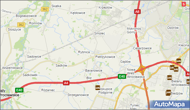 mapa Pietrzykowice gmina Kąty Wrocławskie, Pietrzykowice gmina Kąty Wrocławskie na mapie Targeo