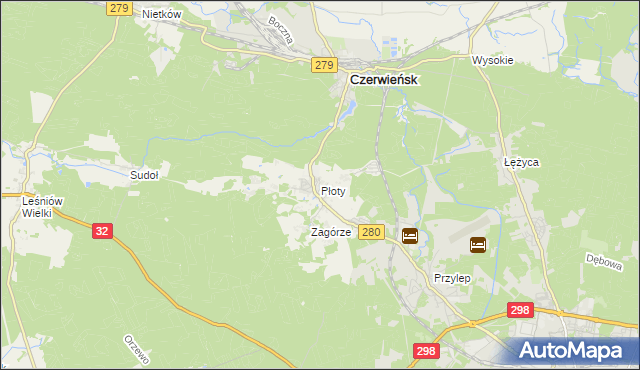 mapa Płoty gmina Czerwieńsk, Płoty gmina Czerwieńsk na mapie Targeo