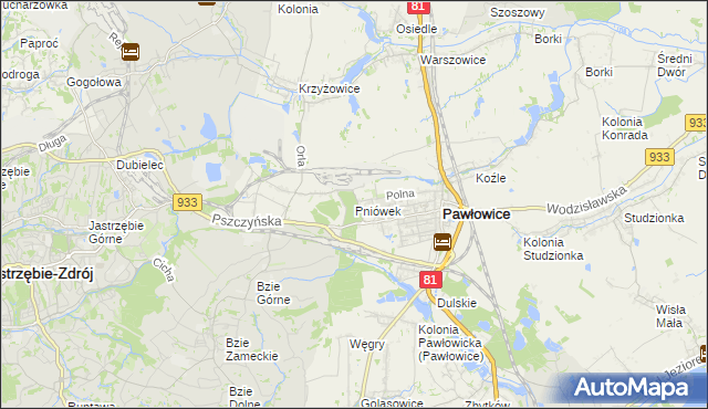 mapa Pniówek gmina Pawłowice, Pniówek gmina Pawłowice na mapie Targeo
