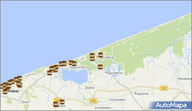 mapa Pogorzelica gmina Rewal, Pogorzelica gmina Rewal na mapie Targeo