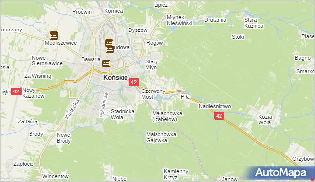 mapa Pomyków gmina Końskie, Pomyków gmina Końskie na mapie Targeo