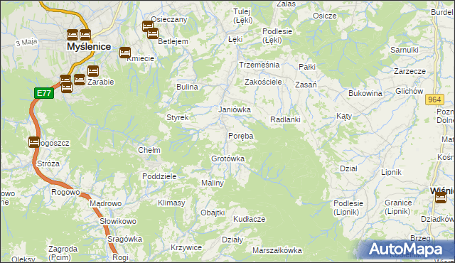 mapa Poręba gmina Myślenice, Poręba gmina Myślenice na mapie Targeo