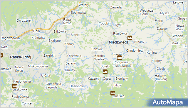 mapa Poręba Wielka gmina Niedźwiedź, Poręba Wielka gmina Niedźwiedź na mapie Targeo