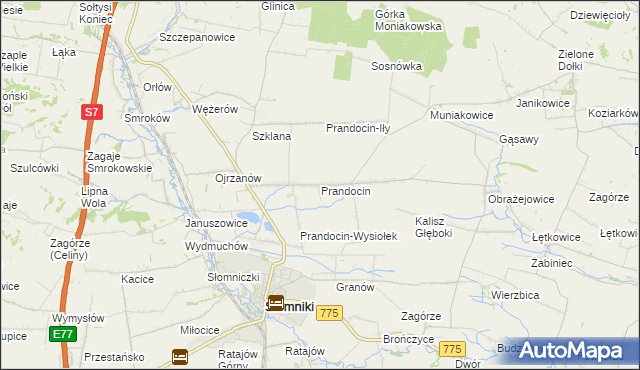 mapa Prandocin gmina Słomniki, Prandocin gmina Słomniki na mapie Targeo