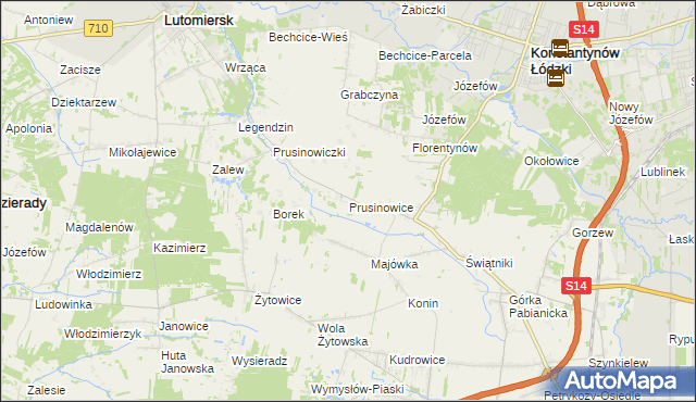 mapa Prusinowice gmina Lutomiersk, Prusinowice gmina Lutomiersk na mapie Targeo