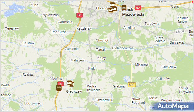 mapa Prusy gmina Mińsk Mazowiecki, Prusy gmina Mińsk Mazowiecki na mapie Targeo