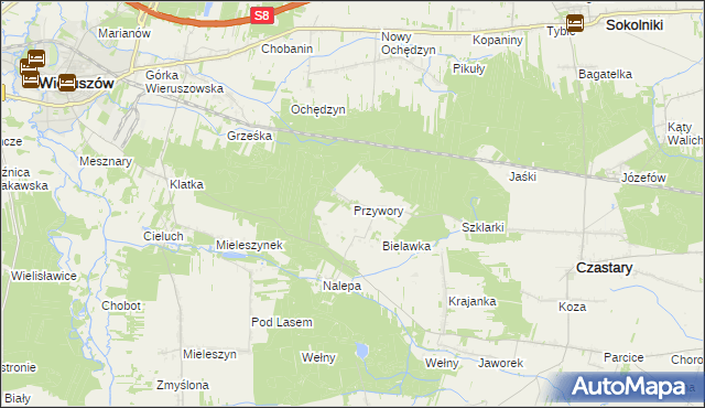 mapa Przywory gmina Czastary, Przywory gmina Czastary na mapie Targeo