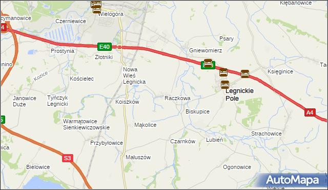 mapa Raczkowa gmina Legnickie Pole, Raczkowa gmina Legnickie Pole na mapie Targeo