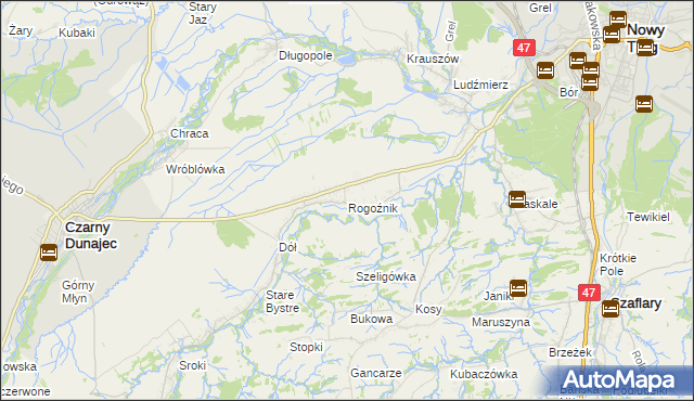 mapa Rogoźnik gmina Nowy Targ, Rogoźnik gmina Nowy Targ na mapie Targeo