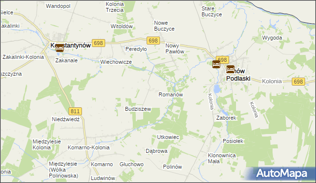 mapa Romanów gmina Janów Podlaski, Romanów gmina Janów Podlaski na mapie Targeo