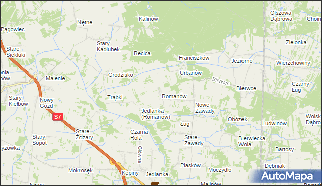 mapa Romanów gmina Jedlińsk, Romanów gmina Jedlińsk na mapie Targeo