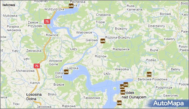 mapa Rożnów gmina Gródek nad Dunajcem, Rożnów gmina Gródek nad Dunajcem na mapie Targeo