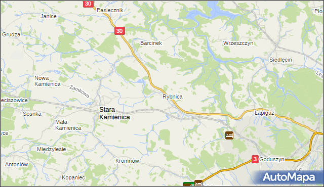 mapa Rybnica gmina Stara Kamienica, Rybnica gmina Stara Kamienica na mapie Targeo