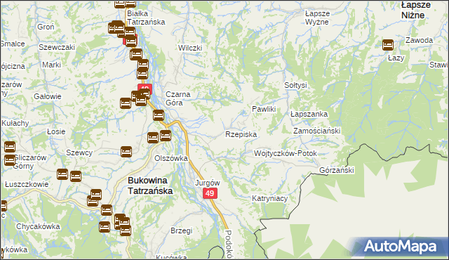mapa Rzepiska gmina Bukowina Tatrzańska, Rzepiska gmina Bukowina Tatrzańska na mapie Targeo