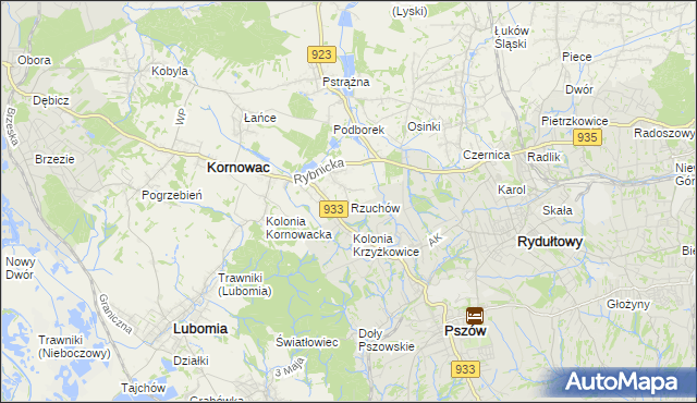 mapa Rzuchów gmina Kornowac, Rzuchów gmina Kornowac na mapie Targeo