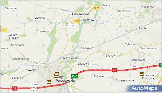 mapa Sadowice gmina Kąty Wrocławskie, Sadowice gmina Kąty Wrocławskie na mapie Targeo