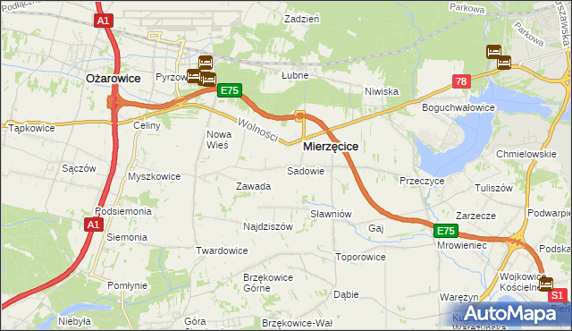 mapa Sadowie gmina Mierzęcice, Sadowie gmina Mierzęcice na mapie Targeo