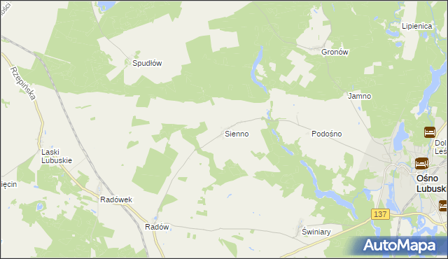 mapa Sienno gmina Ośno Lubuskie, Sienno gmina Ośno Lubuskie na mapie Targeo