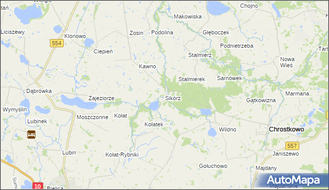 mapa Sikórz gmina Chrostkowo, Sikórz gmina Chrostkowo na mapie Targeo