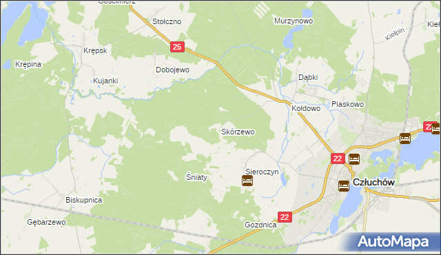 mapa Skórzewo gmina Człuchów, Skórzewo gmina Człuchów na mapie Targeo