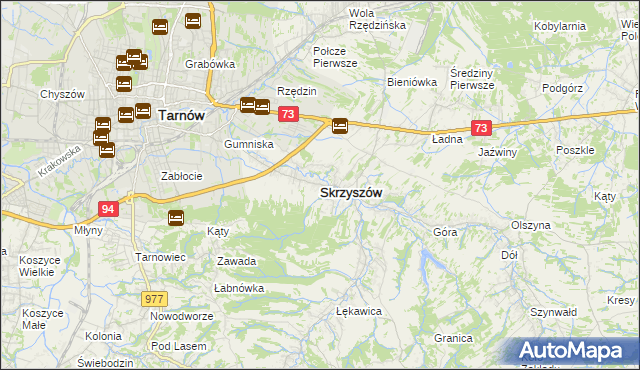 mapa Skrzyszów powiat tarnowski, Skrzyszów powiat tarnowski na mapie Targeo