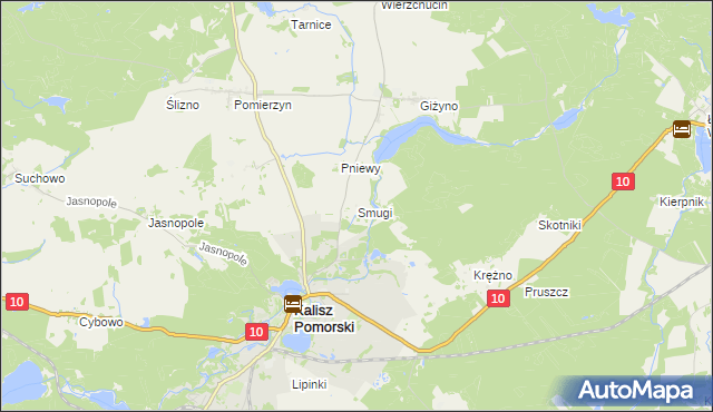 mapa Smugi gmina Kalisz Pomorski, Smugi gmina Kalisz Pomorski na mapie Targeo