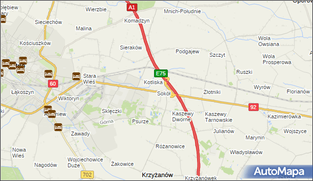 mapa Sokół gmina Krzyżanów, Sokół gmina Krzyżanów na mapie Targeo