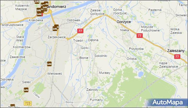 mapa Sokolniki gmina Gorzyce, Sokolniki gmina Gorzyce na mapie Targeo